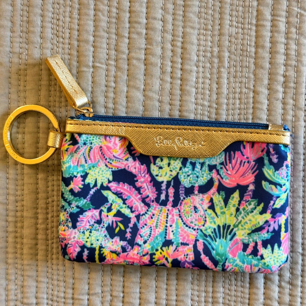 Lilly Pulitzer Women's Tropical‎ Floral ID Case Wallet Coin Purse Gold Key Ring